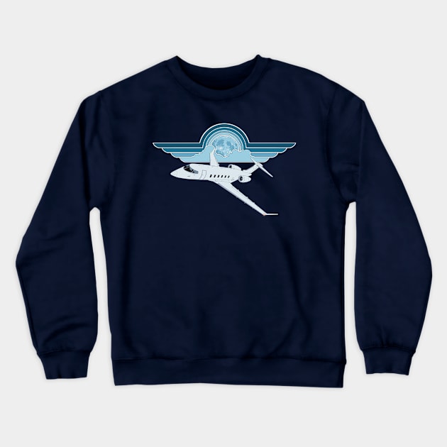 Bombardier Challenger 350 Jet Night Flight Pilot Wings Retro Aviation Design Crewneck Sweatshirt by Kassi Skye